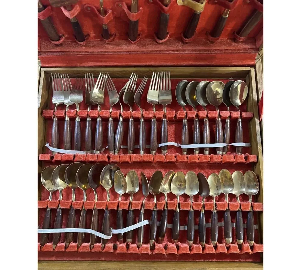 Vintage Thai Brass and Rosewood Flatware Set In Box - Svc for Twelve 142 PC READ
